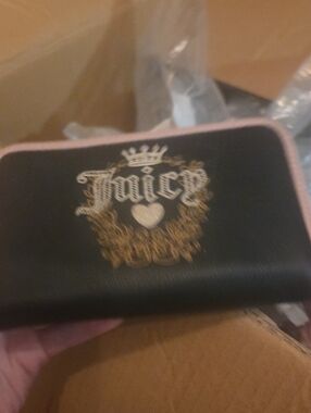 Juicy Couture Black Wallet with Pink Trim and Gold Crest